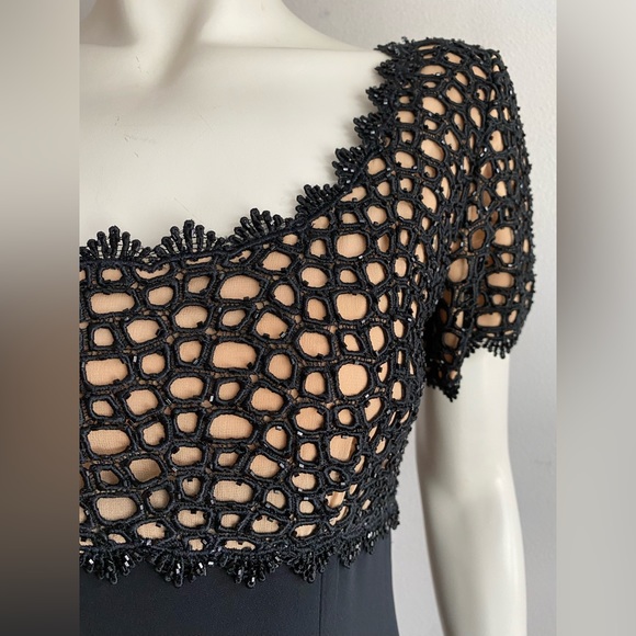 OLEG CASSINI DRESS Black Tie Long Evening Gown Side Slit Crepe Beaded Empire S/M - Picture 2 of 10